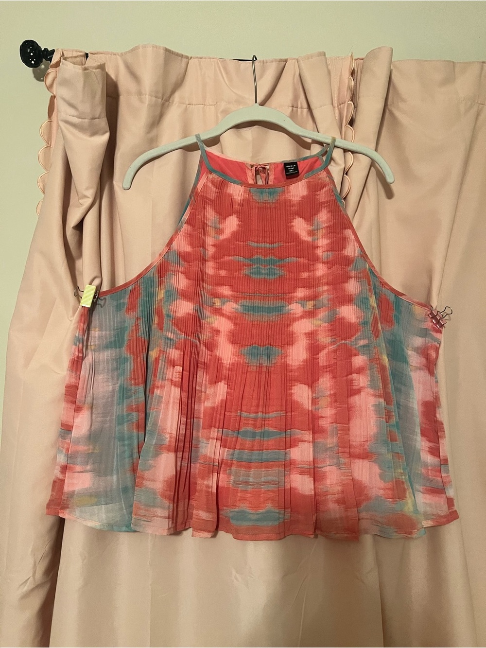Shein Coral & Aqua Tie-Dye Pleated Cropped Top
